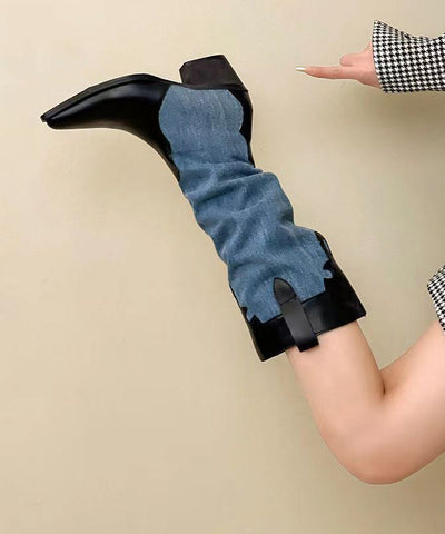 White Long Boots Fashion Splicing Chunky Pointed Toe