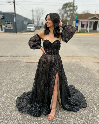 Cute A Line Sweetheart Black Sequins Long Prom Dresses