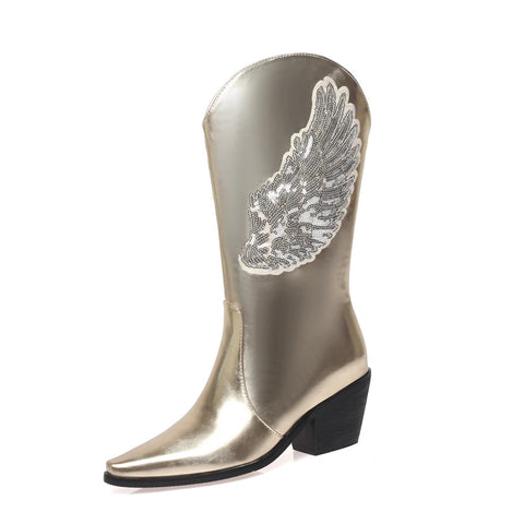 - Plus Size Bling Angel Wings Pattern Sequin Women's Mid Length Boots Pointed Toe Tapered Thick Heels Slip-On Dance Booties Silver