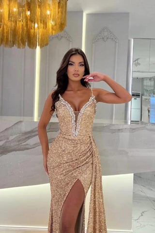 Sleeveless V-Neck Evening Dress Mermaid Long With Split