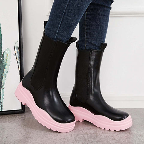 Platform Lug Sole Mid Calf Chelsea Boots Chunky Block Heel Booties