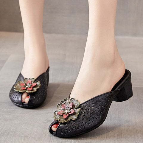 Summer Retro Hollow Leather Chunky Heel Slides Shoes