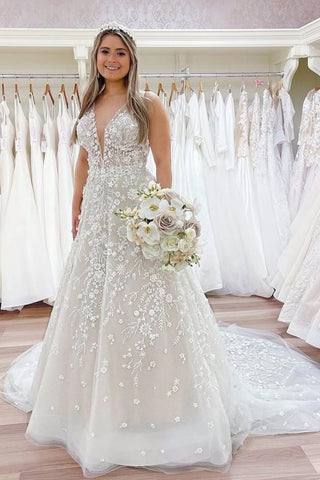 Bmbridal V-Neck Sleeveless Wedding Dress Long With Appliques Online
