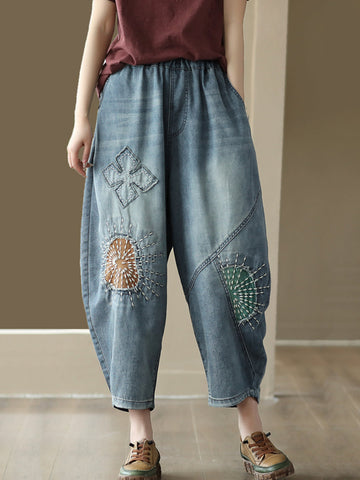 Women Summer Retro Patch Stitching Pocket Denim Pants
