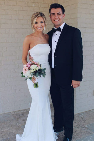 White Mermaid Strapless Simple Wedding Dresses, Summer Wedding Dresses