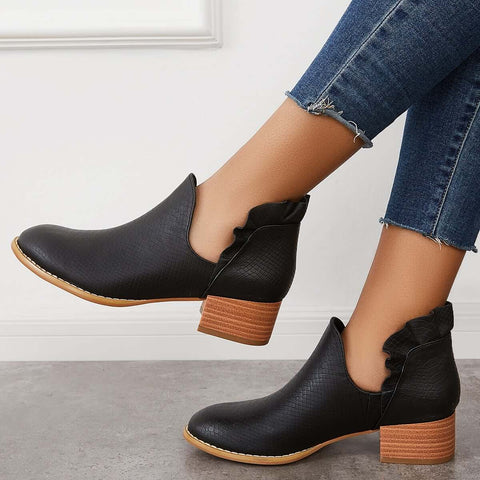 V-Cut Ruffle Ankle Boots Slip on Chunky Stacked Heel Booties