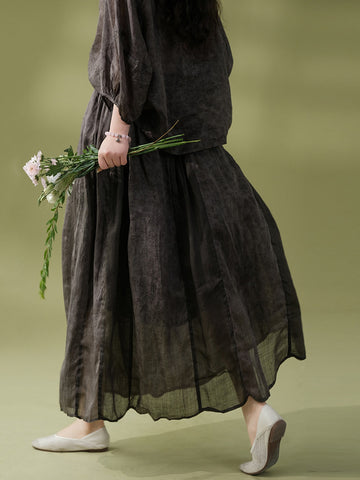 Women Summer Vintage Solid Drawstring Loose Shirt+Skirt