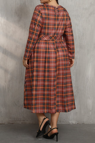 Plus Size Plaid  Long Sleeve Midi Dress