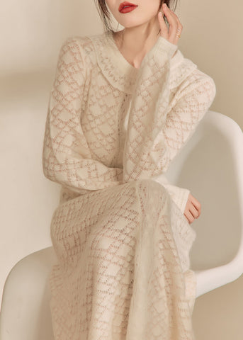 Jacquard Beige O-Ausschnitt Schmeichelnd Gestrickte Baumwollfaden Maxi Kleider Herbst