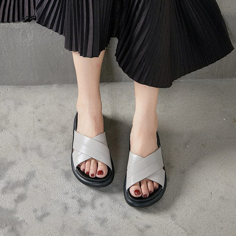 Summer Retro Soft Leather Thick Soled Slides Shoes