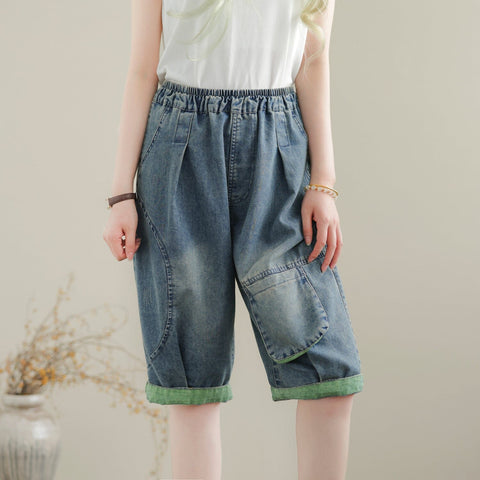 Women Summer Casual Loose Patchwork Denim Shorts