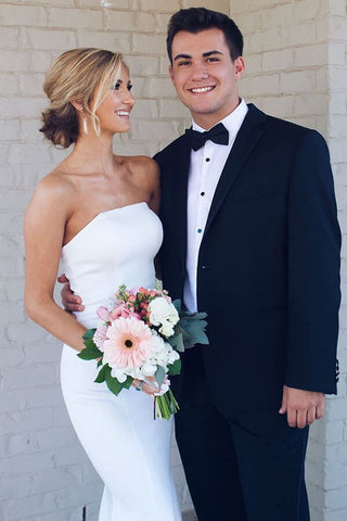 White Mermaid Strapless Simple Wedding Dresses, Summer Wedding Dresses