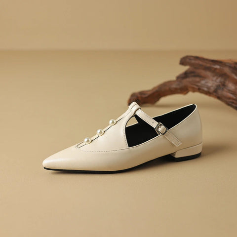 - Plus Size 41 42 43 Spring Autumn New Pointed Toe Pearls T-strap Buckle Mary Jane Shoes Women's Comfortable Flats Loafers Shoes