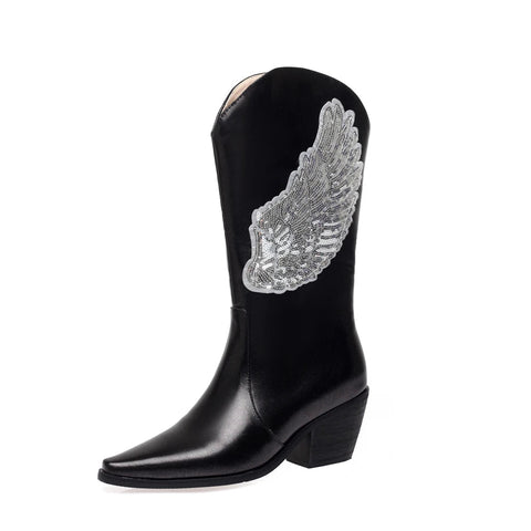 - Plus Size Bling Angel Wings Pattern Sequin Women's Mid Length Boots Pointed Toe Tapered Thick Heels Slip-On Dance Booties Silver