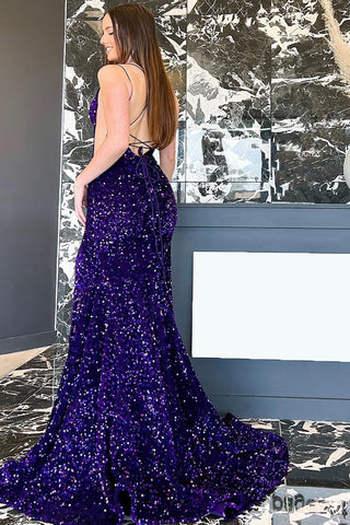 Mermaid Spaghetti Straps Navy Sequins Long Prom Dress with Split Front
