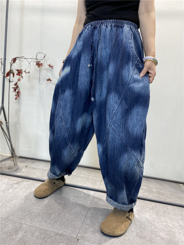 Women Summer Vintage Tie-dye Spliced Denim Harem Pants