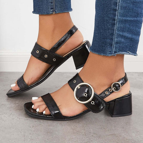 Square Toe Block Low Heel Dress Shoes Buckle Straps Sandals