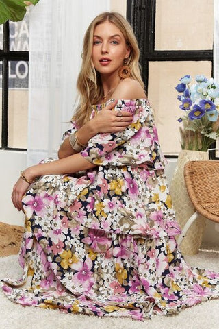Layered Floral Off-Shoulder Short Sleeve Summer Maxi Dress