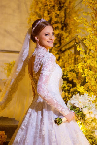 Fabulous A-Line Floor-Length High Neck Long Sleeves Lace Wedding Dresses