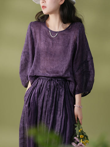 Women Summer Vintage Solid Drawstring Loose Shirt+Skirt