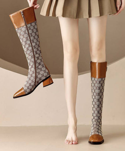 Style Brown Splicing Zippered Chunky Long Boots