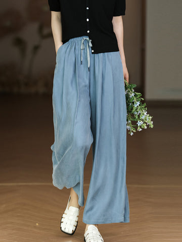 Women Solid Pleat Drawstring Pocket Loose Straight-leg Pants