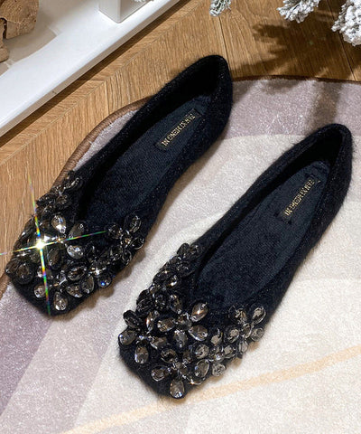 Schwarze flache Schuhe stilvolle Wildleder handgemachte Spleißen Zirkon