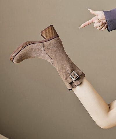 Fashion Caramel Boots Chunky Suede Comfy Belt Buckle