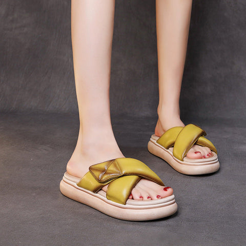 Sheepskin Leather Women 2022 Velcro Tape Flat Slippers