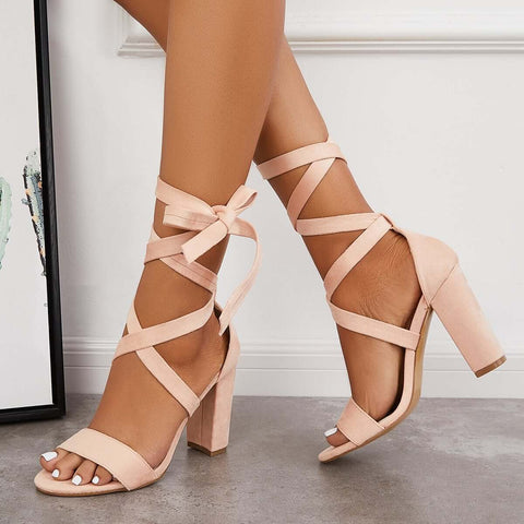 Lace Up High Heeled Sandals Chunky Block Ankle Tie Strap Heels