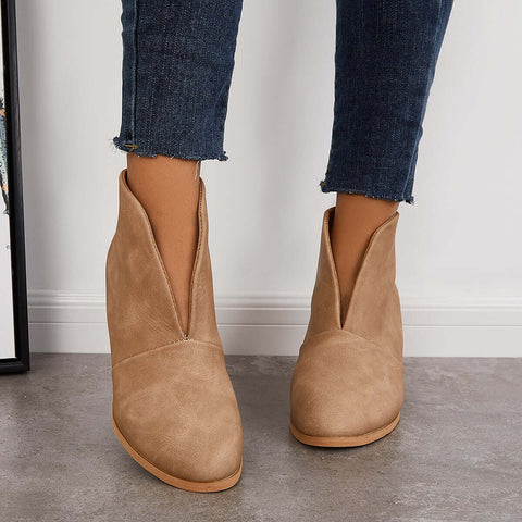 Retro Western V Cut Ankle Boots Slip On Chunky Stacked Heel Booties