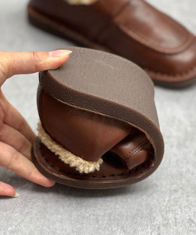 Coffee Flat Shoes For Women Cowhide Leather Casual Fuzzy Wool Lined Flat Shoes For Women