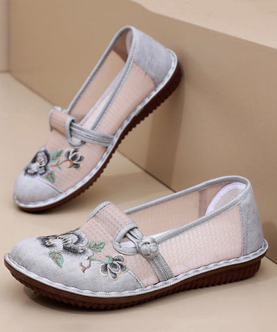 Rosa atmungsaktive Mesh-Schuhe mit handgemachter Stickerei und Plattfüßen