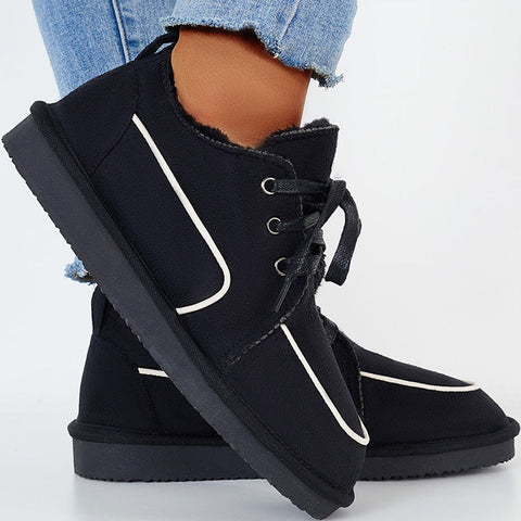 Flache Schneestiefel mit Schnürung, warme Loafer-Schuhe mit Kunstfellfutter