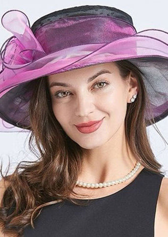 Handmade Purple Floral Decorated Ruffles Tulle Floppy Sun Hat