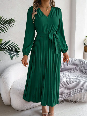 Plissiertes, gebundenes Midikleid mit V-Ausschnitt und langen Ärmeln