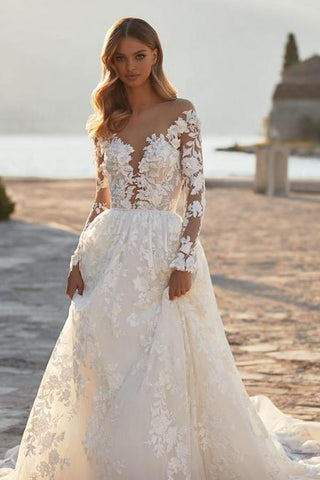 Long Sleeves Princess Wedding Dress Tulle With Appliques