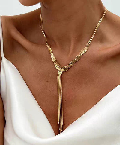 Bohemian Gold Stainless Steel Alloy Snake Bone Lariat Necklace