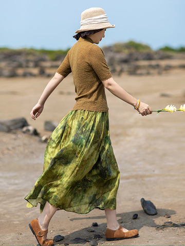 Plus Size Women Summer Vintage Ink-print Pleat Pocket Ramie Skirt