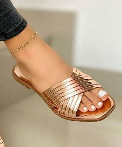 0508Chic Rose Gold Splicing Faux Leather Plus Size Slide Sandals