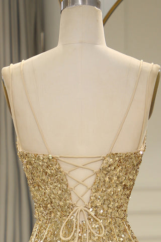 Bling Mermaid Spaghetti Straps Golden Sequins Long Prom Dress with Split Front