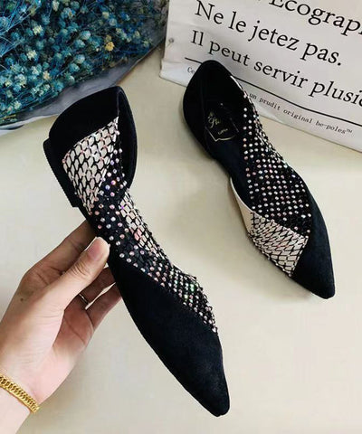 Schwarze Wildleder Plattfüße Schuhe Spleißen Tüll Zirkon