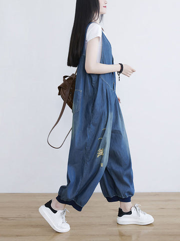 Women Summer Solid Frayed Pleat Pocket Vest Denim Jumpsuits