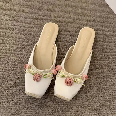 Flower Flats Mules Shoes Women Soft Cozy Dress Slippers Shoes 2024 Designer Summer Flip Flops Casual Slides Female Zapatillas