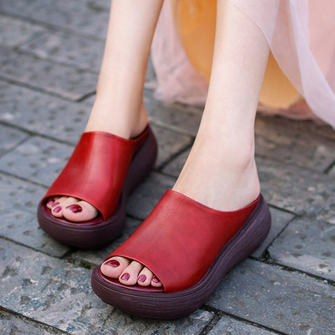 Cozy Leather Simple Handmade Platform Slippers