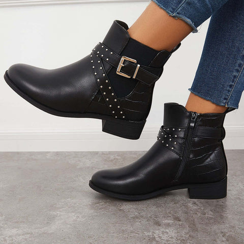 Chunky Low Heel Chelsea Booties Buckle Strap Ankle Boots