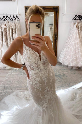 Spaghetti-Straps Lace Wedding Dress Mermaid Sleeveless Online