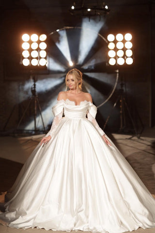 Bmbridal Off-the-Shoulder Long Sleeves Wedding Dress Ball Gown Satin