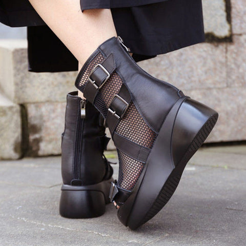 Women Summer Peep Toe Leather Mesh Casual Adjustable Buckle Boots