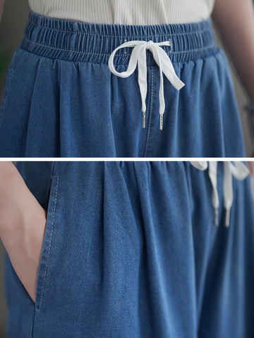 Women Summer Thin Solid Drawstring Wide-leg Denim Pants